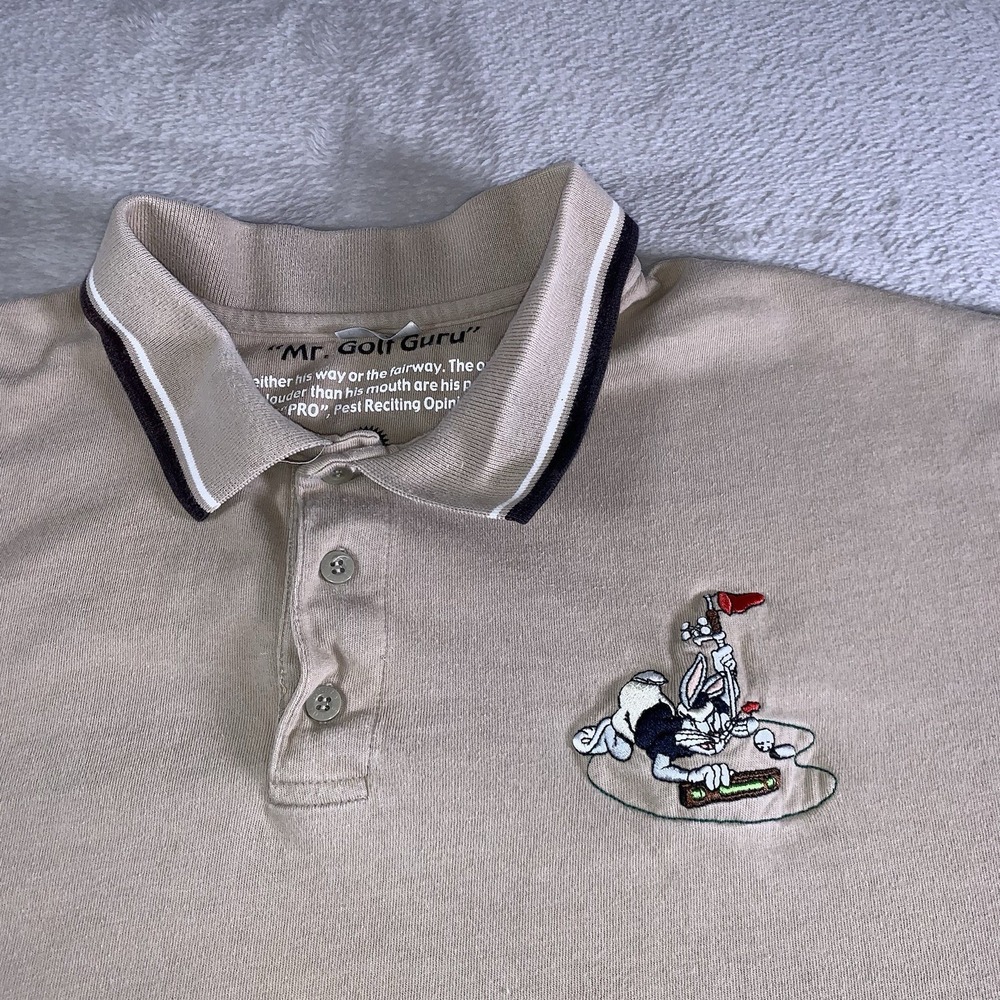 Vintage Warner Bros Studio Store Polo Shirt Mens Large Beige Bugs Bunny Golf 90s